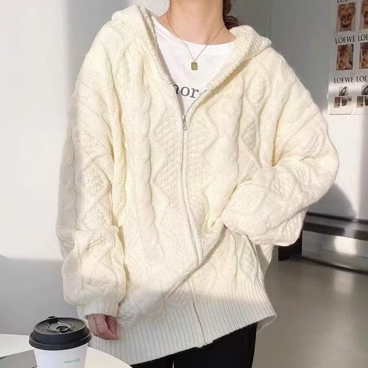 麻花毛衣女秋冬2025新款韩版复古宽松慵懒外穿针织衫连帽开衫外套|undefined