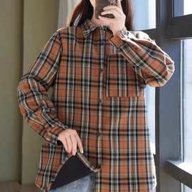 2025年秋冬季加绒新款复合格子衬衫女士翻领长袖加厚保暖打底衫女