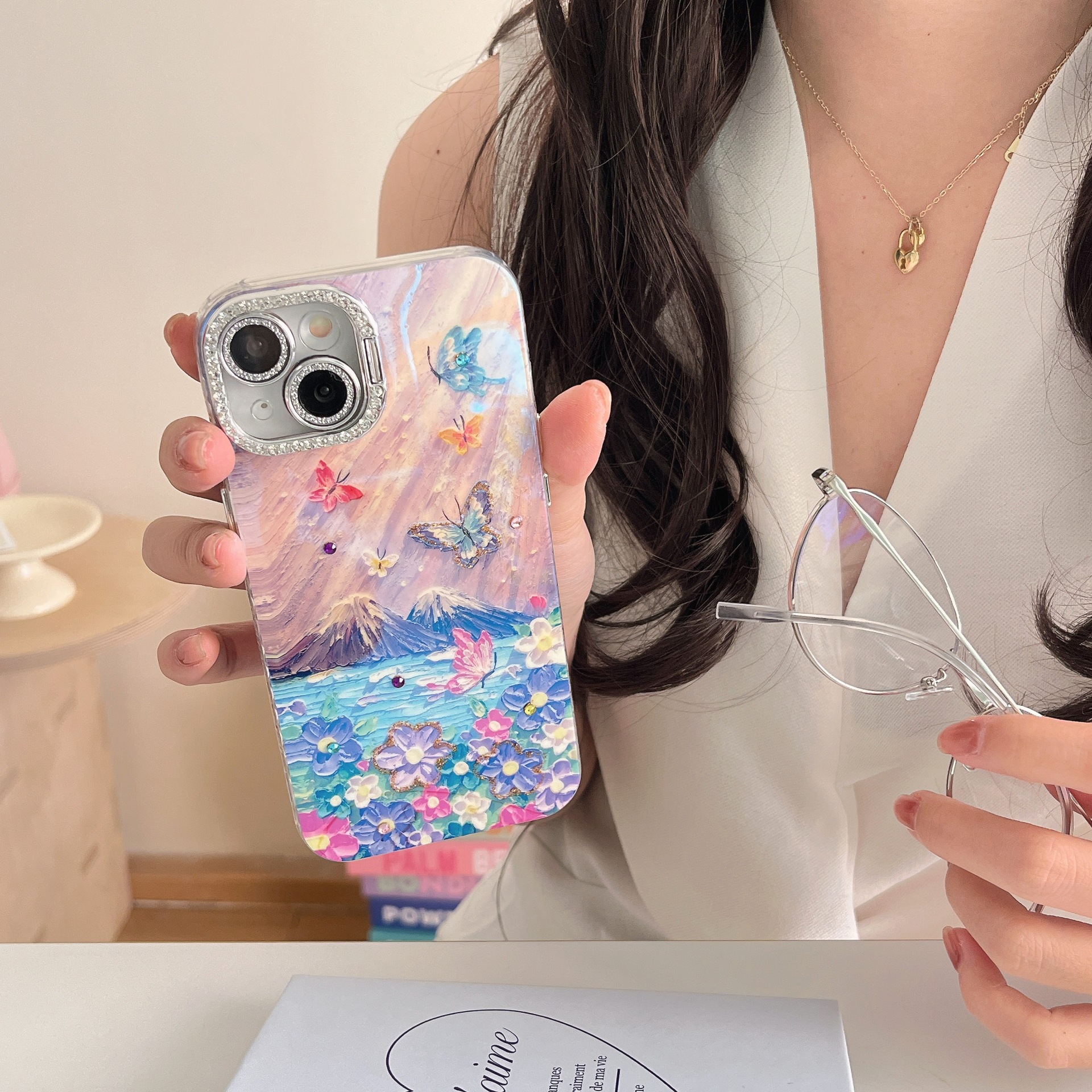 Flor de mariposa de montaña de alto valor ins para iPhone 15/16ProMax funda para teléfono móvil Apple 14 Blu-ray 16