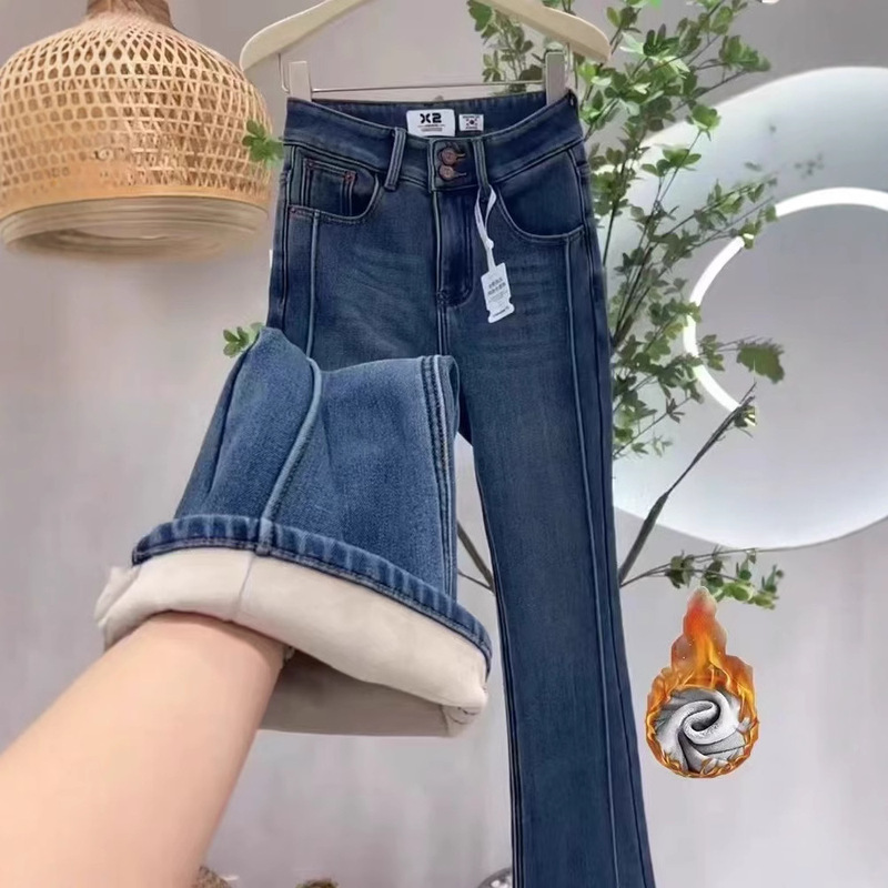 Vintage Blue fleece-lined Jeans Women's Autumn and Winter New Arrival Small High Waist Slim Look Micro-La Jeans Denim Women's Trendy