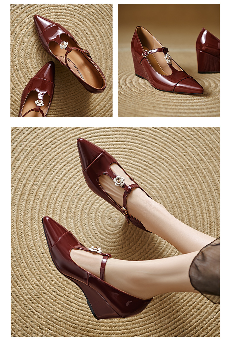 Giày cao gót mũi nhọn Mary Jane quai chữ T đính hoa sơn trà, gót 7 cm — màu đen, Rượu vang đỏ chi tiết 9