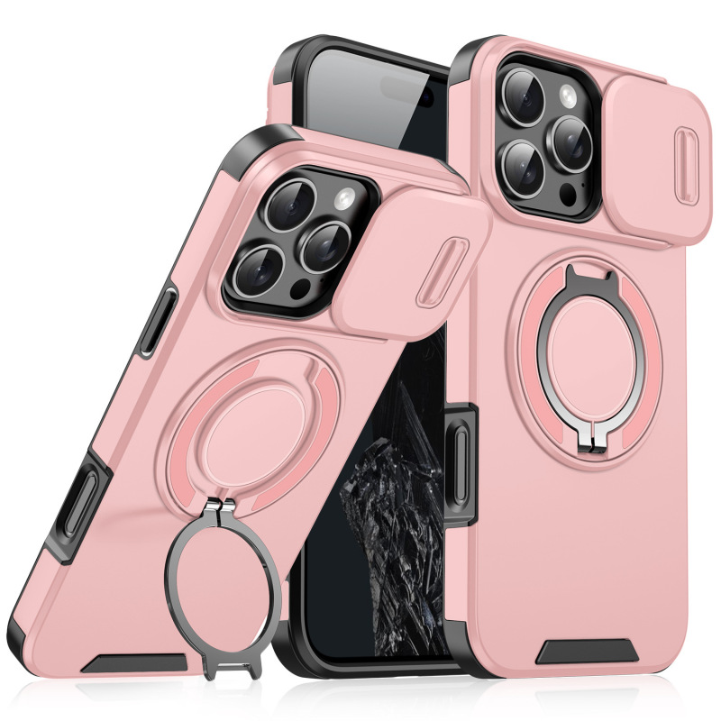 Apple 17 携帯電話ケース、Lingke 360°磁気スタンド、スライド式レンズカバー、落下防止保護ケース、iPhone16対応|undefined