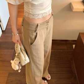 低腰显瘦亚麻休闲长裤女夏季薄款简约气质辣妹宽松垂感拖地裤纯色