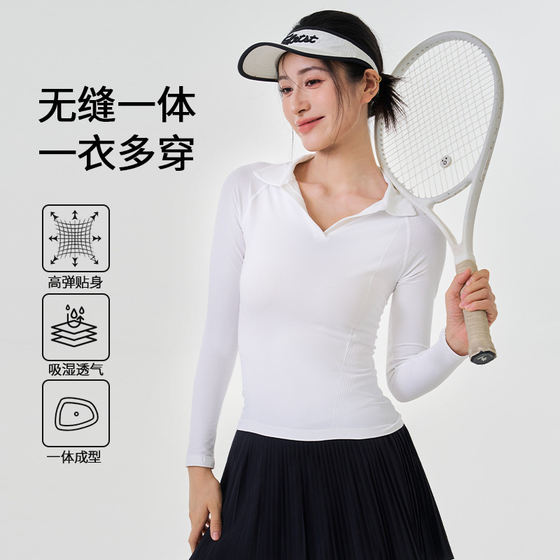 Seamless Knitted Long-Sleeved Yoga Wear Polo Shirt Golf Tennis Sun Protection Sports Fitness Wear Women's Quick-Drying Top Seamless Knitted Long-Sleeved Yoga Wear Polo Shirt Golf Tennis Sun Protection Sports Fitness Wear Women's Quick-Drying Top