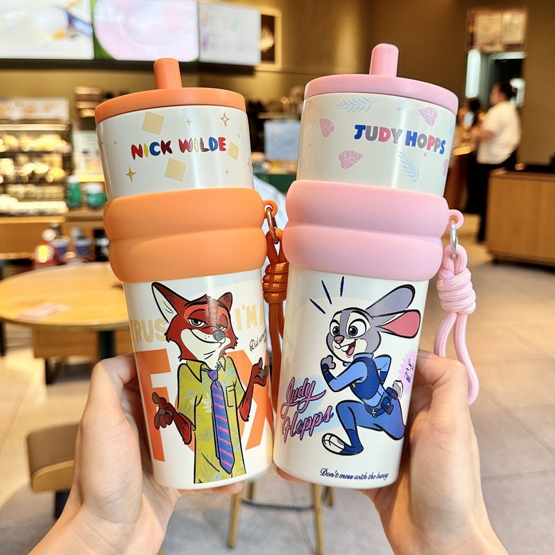 疯狂动物城朱迪尼克情侣保温杯女生高颜值大容量冰霸杯子吸管水杯|undefined