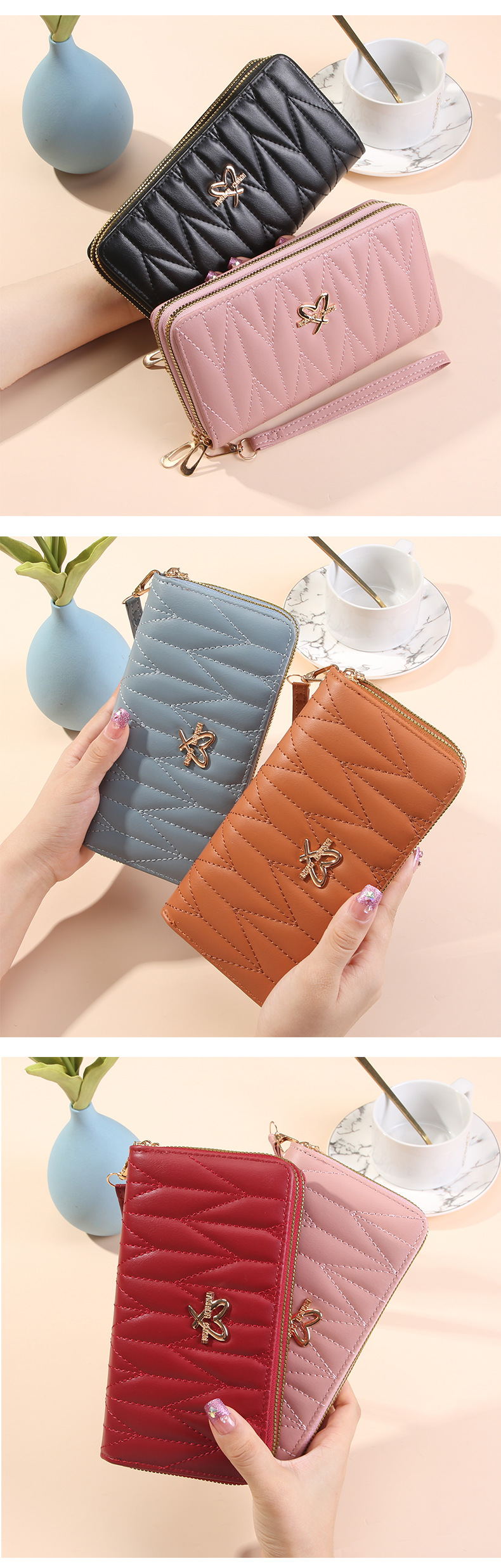 165g Weight Polyester Lining Material Zipper Closure Type Long Wallets Bags Type 1 Piece Quantity Daily Occasion Pu Leather Material Heart Shape, Solid Color Pattern All Seasons Season Women's Gender Simple Style Style Square Shape Women's Heart Shape Solid Color Pu Leather Zipper Long Wallets 10