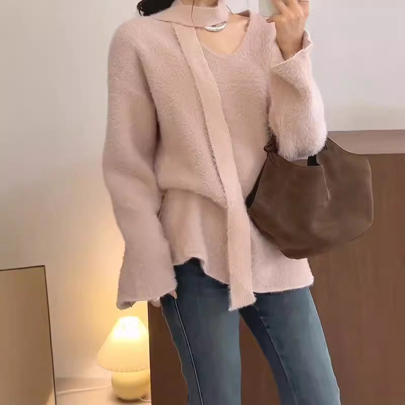 Sciarpa con scollo a V in stile coreano con pullover in pelliccia di visone, morbida maglia appiccicosa per l'autunno e l'inverno delle donne_voghion.com