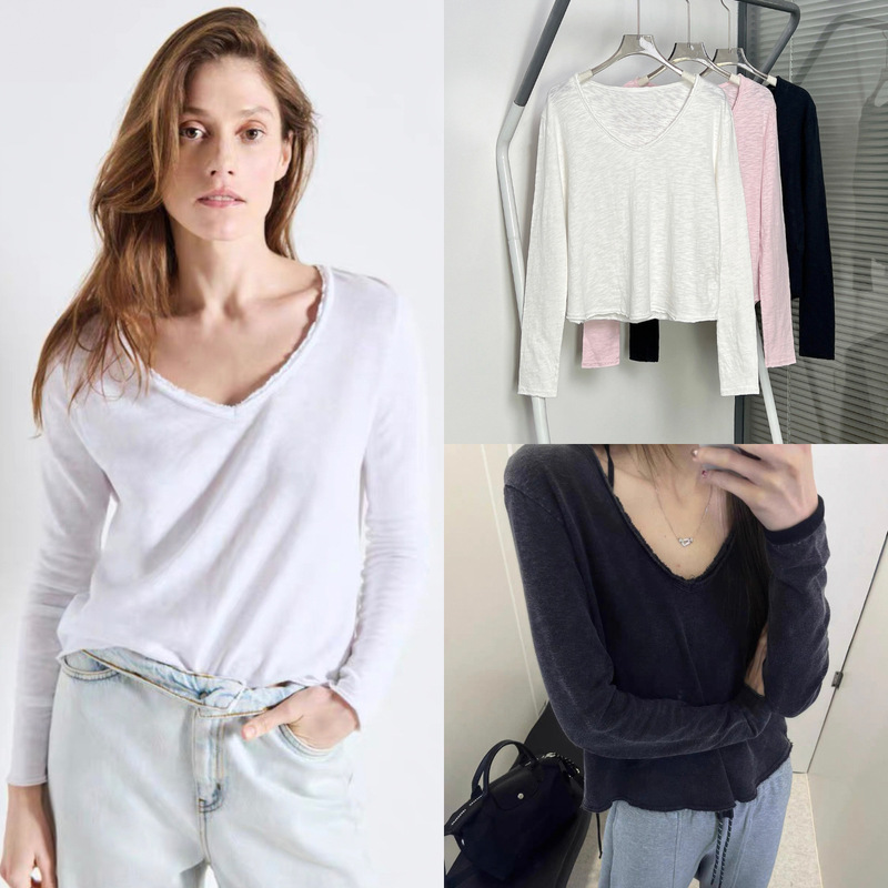 House Four Seasons Bamboo Cotton Lazy Style Simple Three-Color Frayed Thin V-Neck Long Sleeve Base T-Shirt for Women