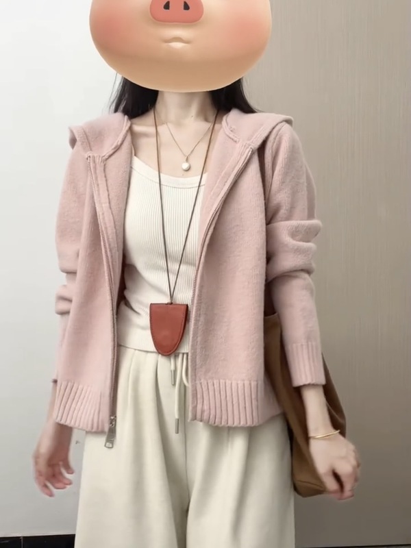 粉色连帽针织衫上衣女秋冬2025秋季拉链慵懒软糯外搭毛衣开衫外套|undefined