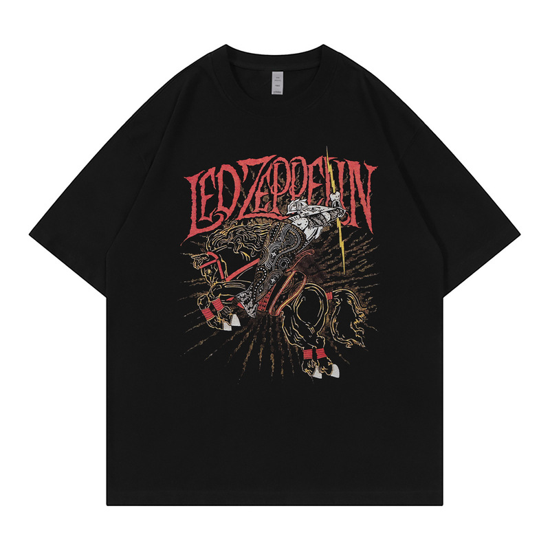 Led Zeppelin Band Retro American Street Vtg Off-Shoulder Loose Round Neck Rock Short-Sleeved T-Shirt