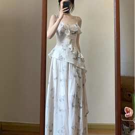 新中式夏季新款套装女荷叶边吊带上衣慵懒修身气质半身裙扎染