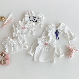 Baby Girl White T-Shirt Bottoming Shirt Top Autumn Style Infant and Toddler Lapel Top Lace Shirt