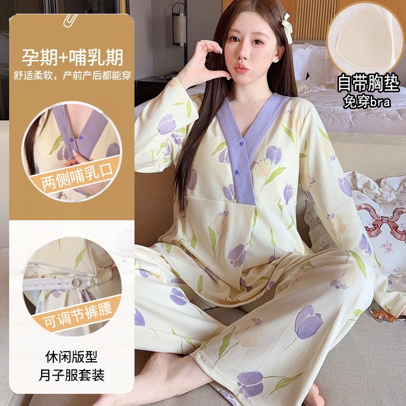 Maternity Pajamas with Breast Pads, Cotton Postpartum Clothing for Spring and Autumn, Pure Cotton Nursing Home Wear for Postpartum Women, Thin Summer Maternity Sleepwear for Breastfeeding Women