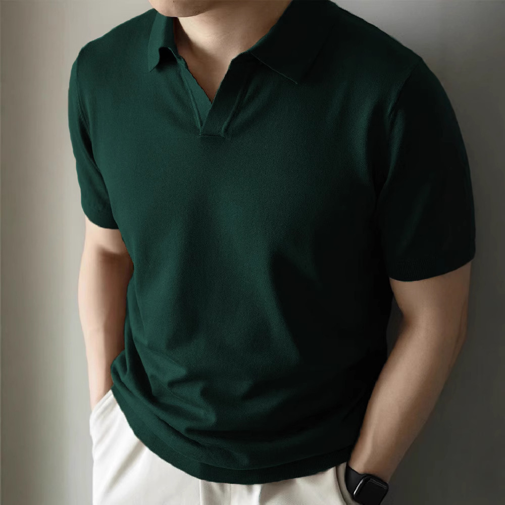 Temperamento de alta gama con solapa de punto polo camisa de manga corta hombre de verano delgada seda de hielo cuello en V hombro medio cintura