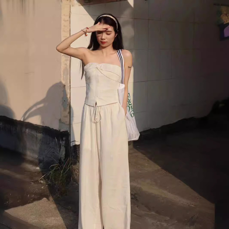 Fish Fish Sweetheart Old Money Cotton Linen Strapless Pants Set