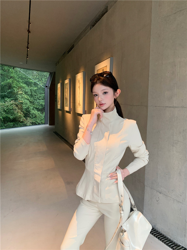 秋季套装女装高级感气质立领收腰长袖短款外套上衣高腰休闲微喇裤|undefined