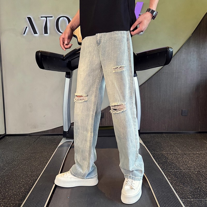 アメリカンウォッシュリップドジーンズメンズ夏薄い乞食パンツ2025新作ストレートパンツ春秋カジュアルパンツ|undefined