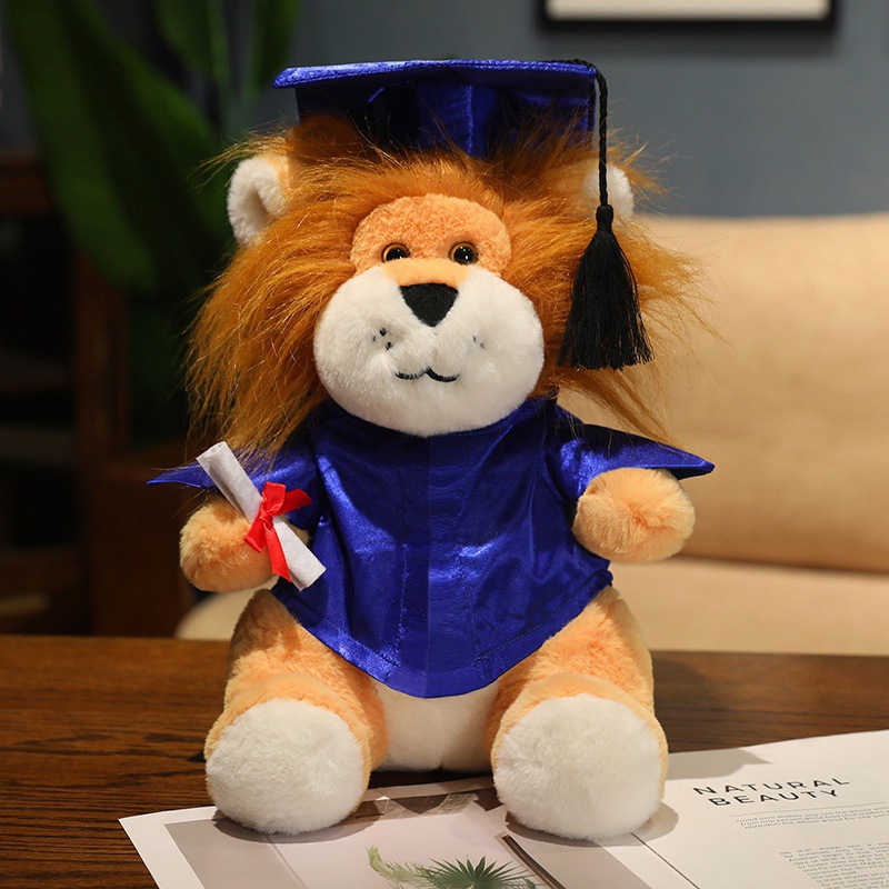 Uniforme de dibujos animados de león pequeño muñeca de peluche doctor muñeca logotipo impresa logotipo regalo de temporada de graduación de licenciatura