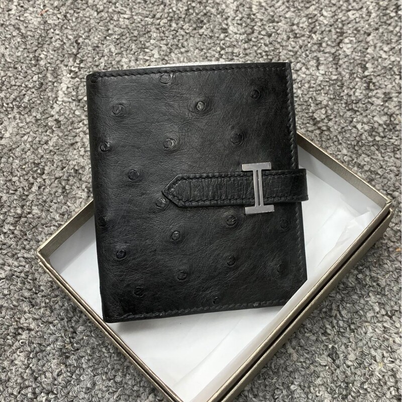 Cross-Border New Model H Brand Ostrich Leather Women's Wallet, Genuine Leather Fashion H Buckle Wallet, High-End Solid Color Multifunctional Card Holder