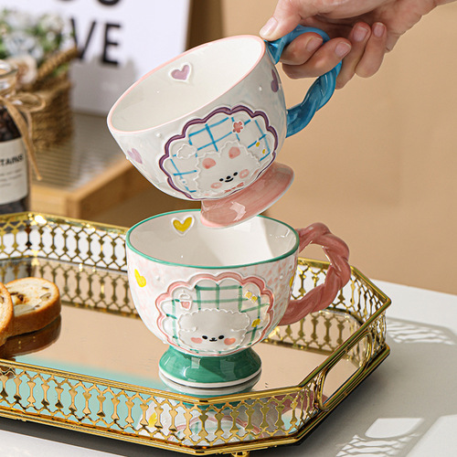 Hand-painted relief ceramic large capacity breakfast cup oatmeal cup cute girl water cup high-quality coffee cup milk cup