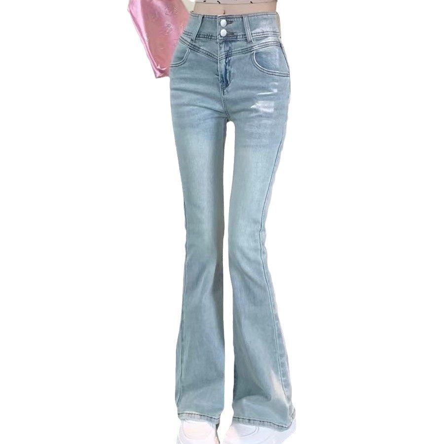 활 마이크로 혼 청바지 여성용 가을 빈티지 하이 웨이스트 슬림 핏 타이트 힙 바지 말굽 바지