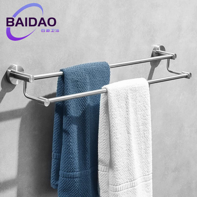 Bathroom towel drying Rod 304 stainless steel towel rack double wall hanging bathroom double Rod punch-free hanging rod