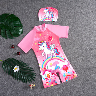 Summer new children's swimsuit one-piece cartoon girls swimsuit short sleeve swimming cap little girl swimming suit sun protection