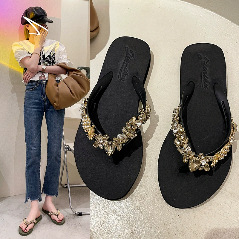 Новый 2024 rhinestone, ананасовый персонаж, тянущий женский Xia Ping каблук ананасовые пляжные туфли без скольжения, стеклянные кристаллы и сандалии-тапочки