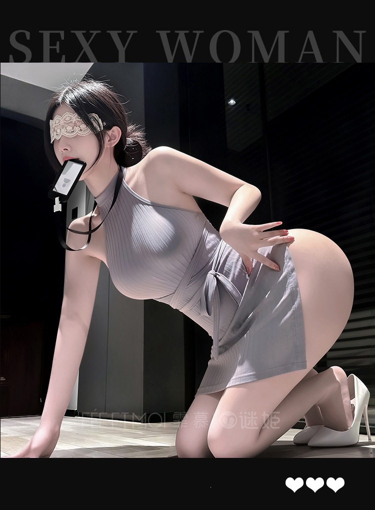 Feimu & Miji No-Wash Halter Off-Shoulder Slit Dress 6502 with Thong, Grey Knit, One Size — detail image 19