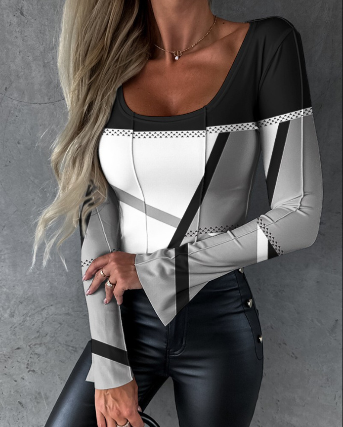 2023 Fashion New Printed U-Neck Split Long Sleeve Pleated Craft Top_voghion.com