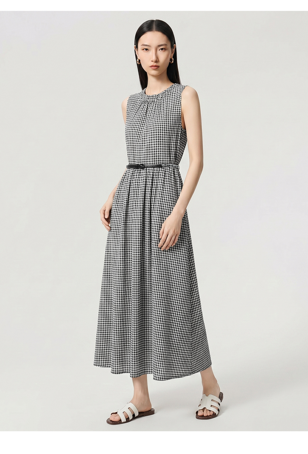 Đầm maxi nữ thắt eo họa tiết kẻ ô cổ điển, tay không, phong cách Pháp — Lưới đen trắng chi tiết 16