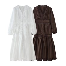 2025夏季新品欧美跨境女装镂空花边纽扣饰长款连衣裙 w028 6866