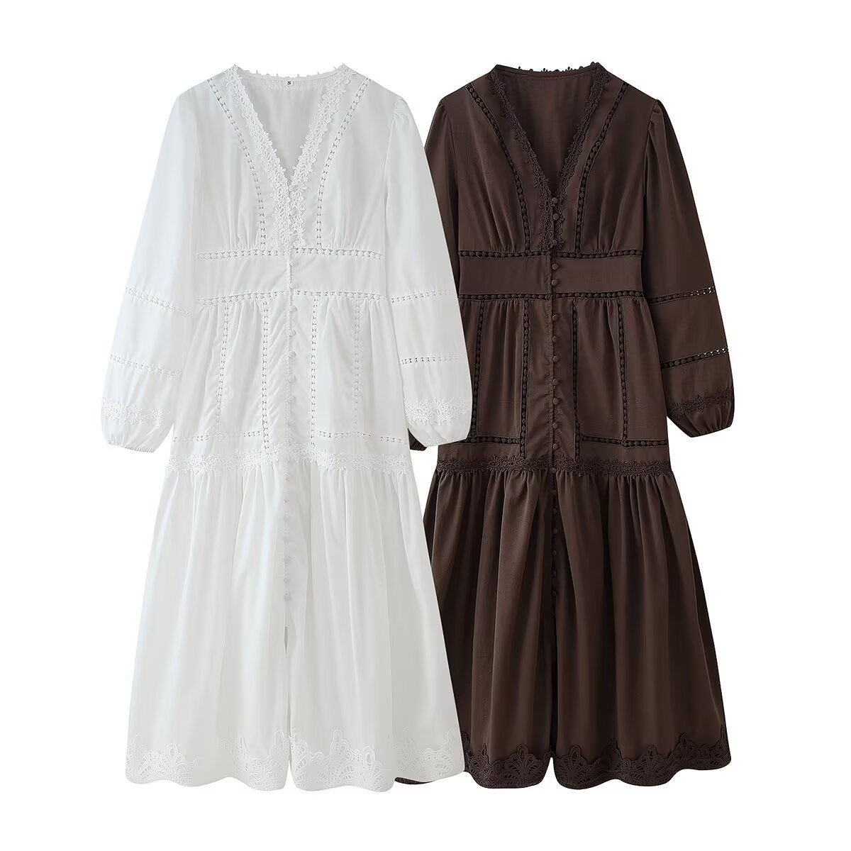 2025夏季新品欧美跨境女装镂空花边纽扣饰长款连衣裙 w028 6866