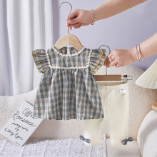 夏季新款女童棉质两件套婴幼童韩版格子飞边袖童套装夏装外出服