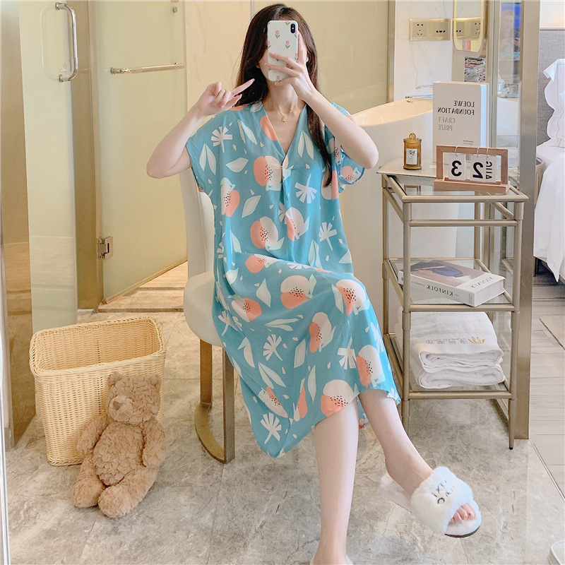 Camisón de seda de algodón para mujer verano nuevo Pijama estampado de dibujos animados de manga corta estilo coreano más tamaño ropa para el hogar suelta de seda de algodón delgada