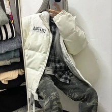 可爱软妹字母拼接撞色pu皮棉服冬季新款保暖百搭棉袄外套棉服潮流