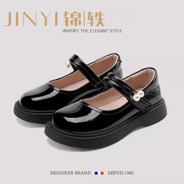 酒红色儿童皮鞋女童春秋季新款真皮珍珠吊坠软底学生单鞋演出舞蹈