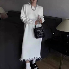 长款流苏毛边针织连衣裙女2025秋冬季新款宽松韩版外贸长袖打底裙