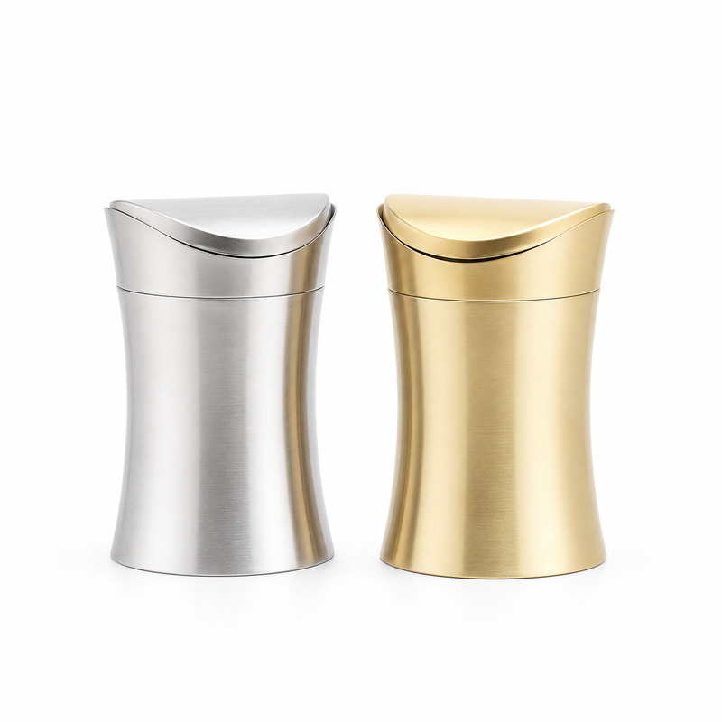 304 Stainless Steel Desktop Trash Can Mini Golden Countertop Creative Home Bathroom Office Paper Basket with Lid
