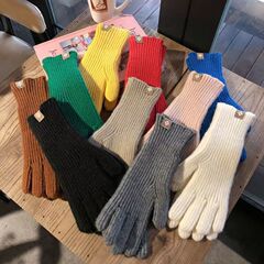 暖色無地ウールニットラベル付き女の子用手袋、フィンガーレス、タッチスクリーン、防寒、原宿風、秋冬、暖かい冬