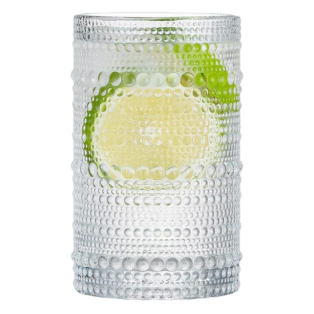 Amazon 14Oz en relieve de punto de grano de vidrio bebida fría taza en relieve de punto de grano vintage con paja con tapa taza de vidrio