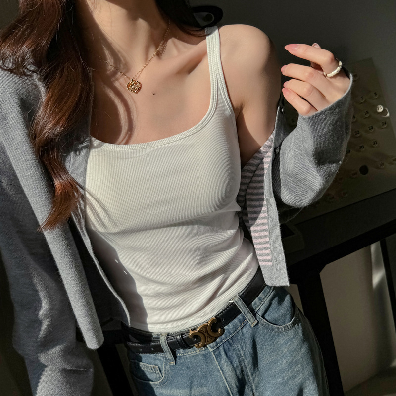 Basic Women's Summer Slim-fit Slimming Threaded Top with Chest Pad Fixed Cup Base Camisole