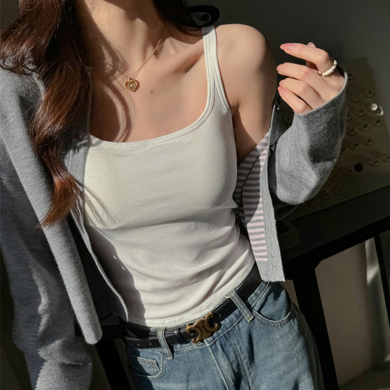 Basic Women's Summer Slim-fit Slimming Threaded Top with Chest Pad Fixed Cup Base Camisole