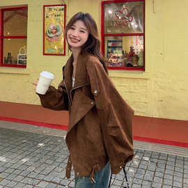 美拉德复古咖色夹克外套女2025冬季新款宽松短款麂皮绒工装机车服