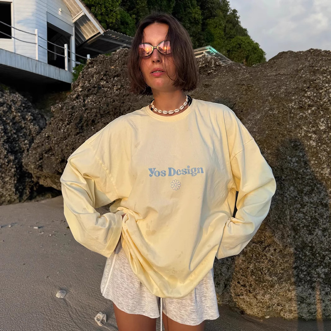 European and American Style Trendy Niche Cool Letter Print Loose Versatile Trendy Pure Cotton Long-Sleeve Women's T-Shirt