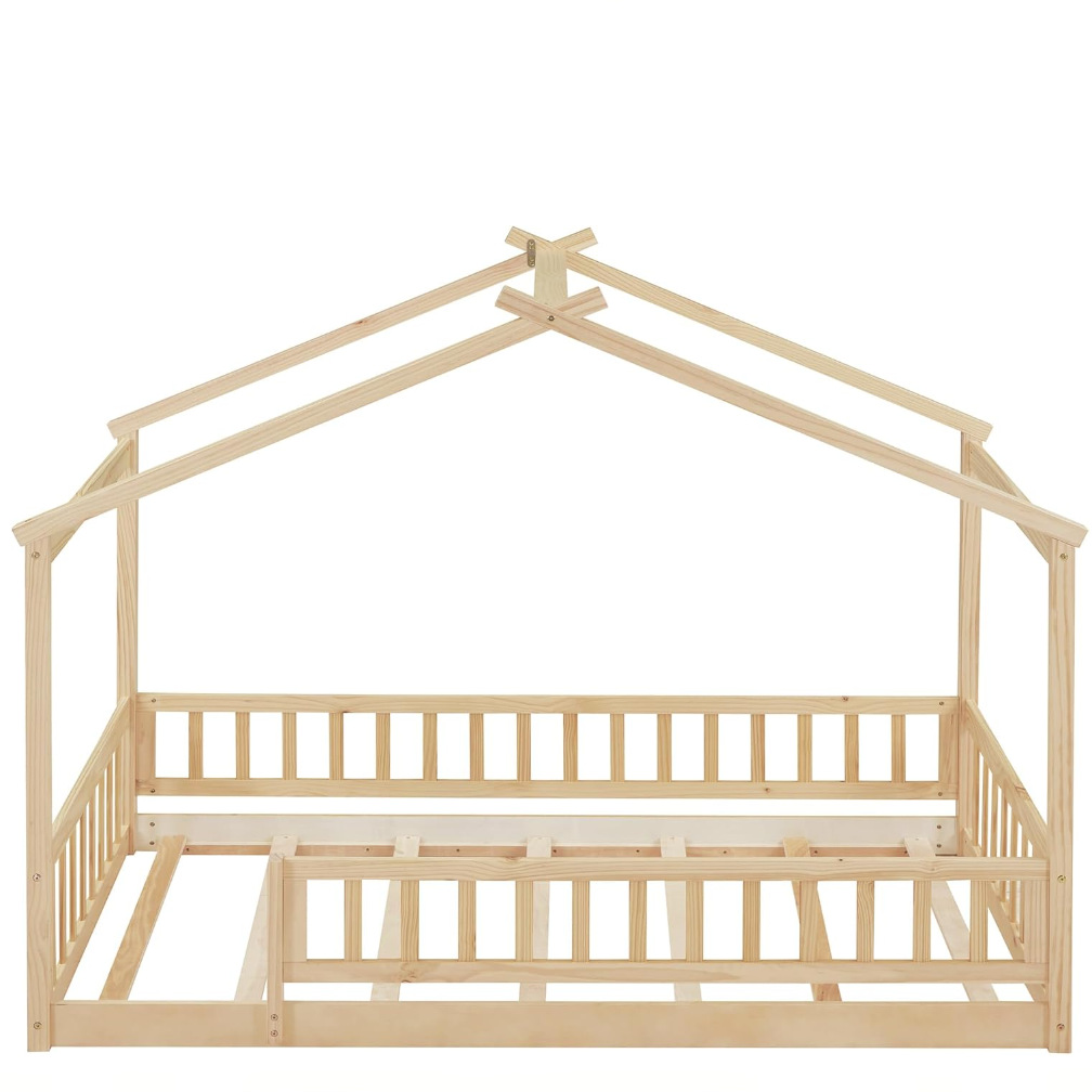 Cross-Border Wholesale Customized Wooden Double Bed Frame Children's Family Bed with Fence Solid Wood Baby Natural Bed