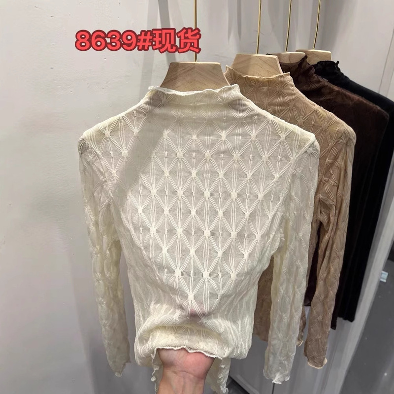 Half-High Collar Diamond-Patterned Lace Mesh Lightweight Top for Women, Fashionable and Stylish Base Layer for Early Autumn 2026