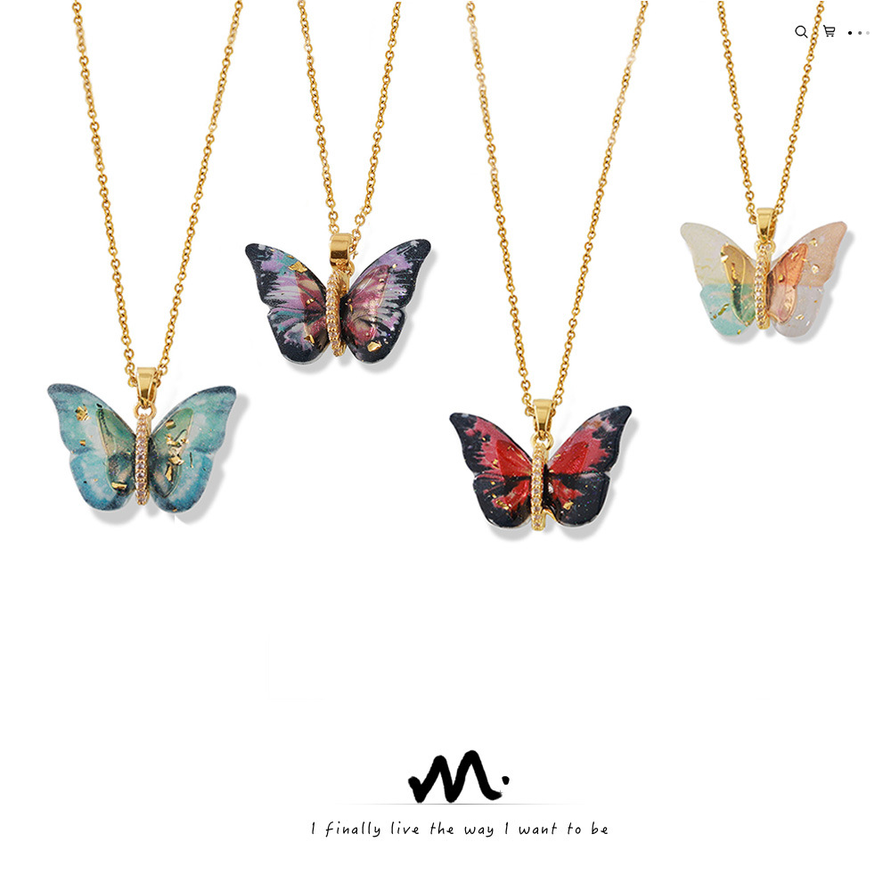 Cross-Border Bohemian Elegant Titanium Steel Necklace Multi-Color Resin Butterfly Shape Copper Pendant Inlaid With_voghion.com