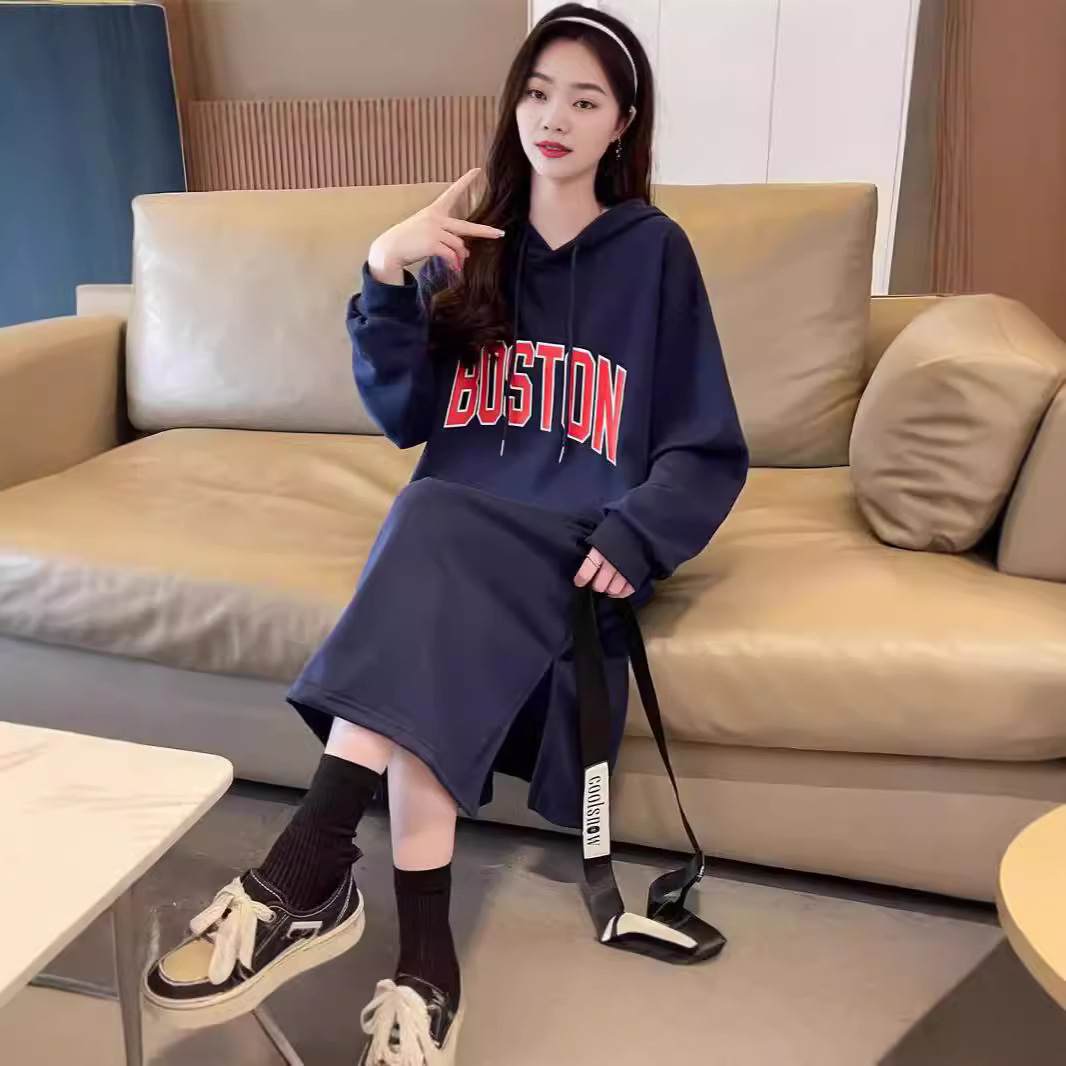 가을과 겨울 기모 긴 무릎 위 땀 원피스 편지 여성의 한국식 느슨한 두꺼운 캐주얼 긴 원피스 트렌디