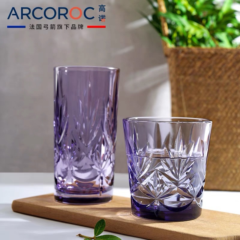 ARC Bow and Arrow Gono Taza de vidrio templado Taza de agua azul púrpura Taza de enjuague bucal Taza tallada de alto valor Taza de bebida